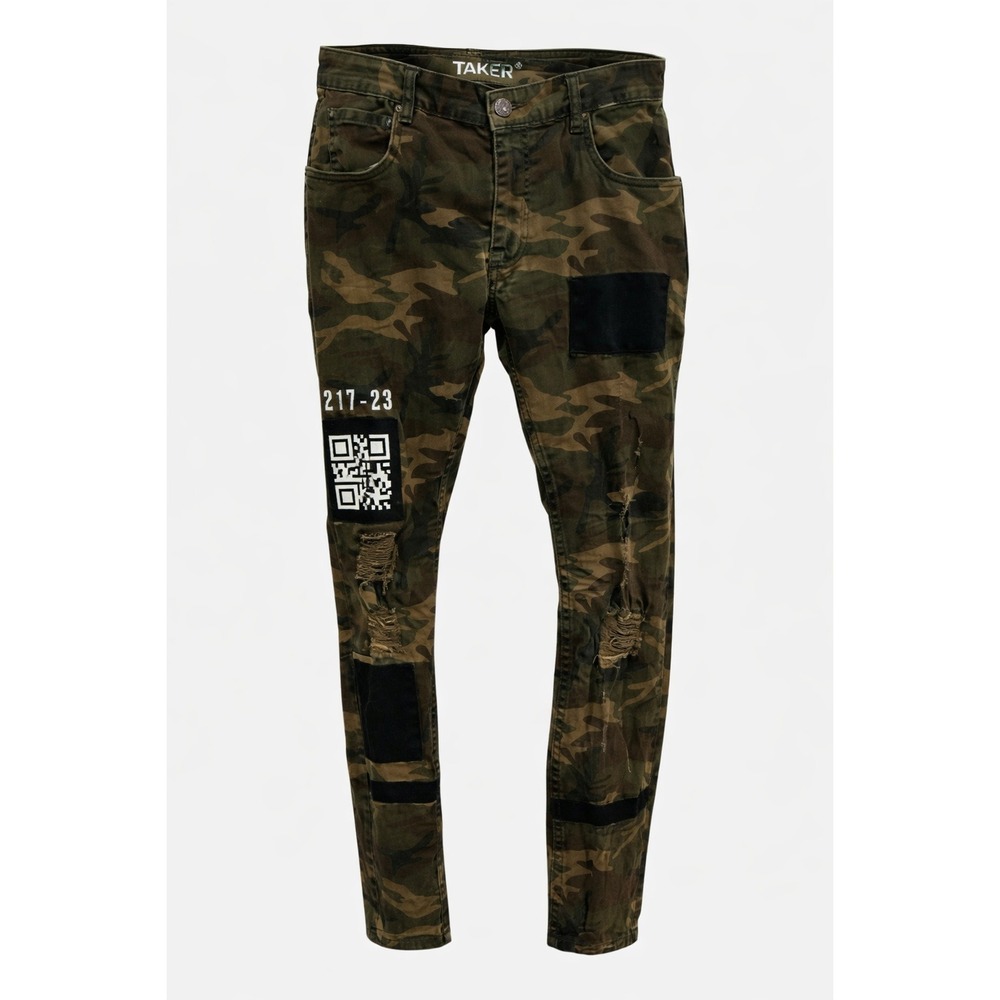 TAKER Camo Distressed Skinny Jeans 32x32 Streetwear Punk Biker Moto